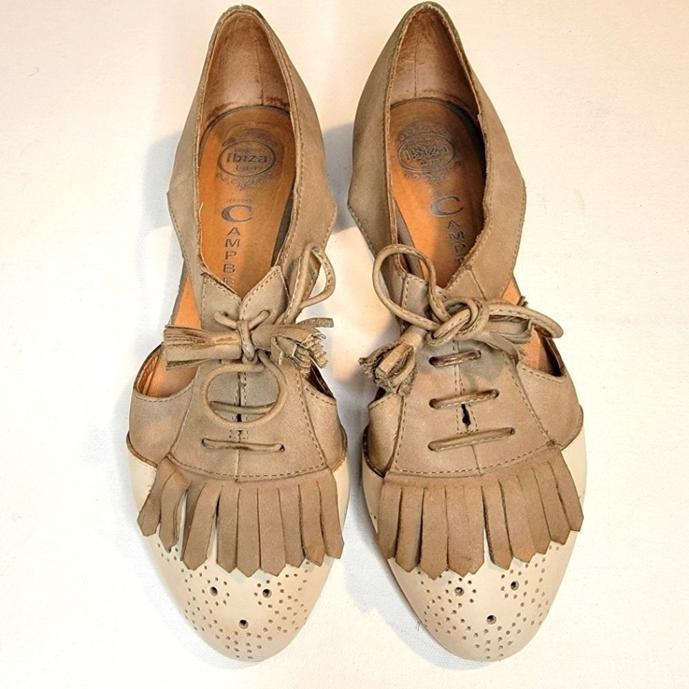 Jeffrey Campbell Beige & Cream Fringe Lace-Up Flats